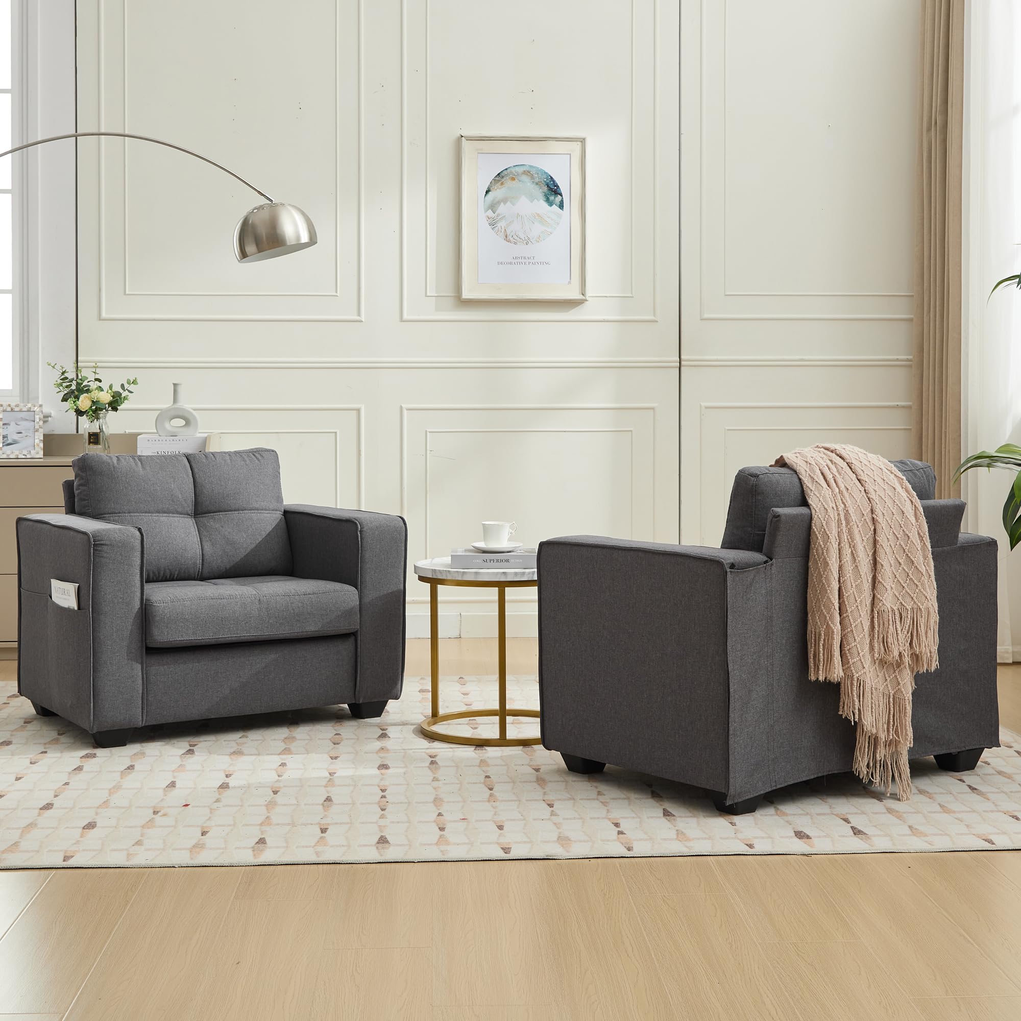 TYBOATLE Accent Chairs Set of 2, Modern Tufted Upholstered Living Room Chair, Comfy Arm Chair, Linen Fabric Reading Club Chairs for Living Room, Office