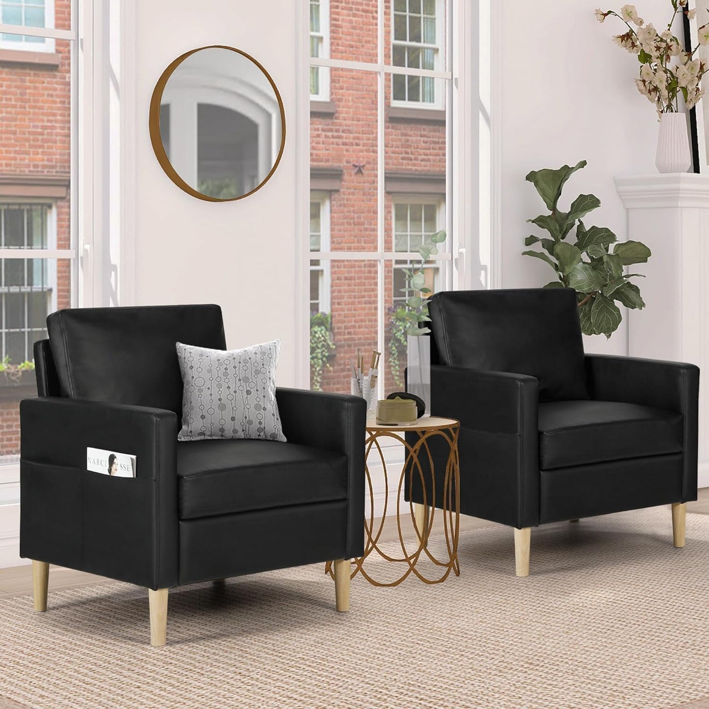 TYBOATLE Leather Chair w/Armrest Pockets, Solid Wood Accent Chairs Set of 2, Mid Century Modern Living Room Chairs, Comfy Waiting Room Chairs for Bedroom, Office, Black