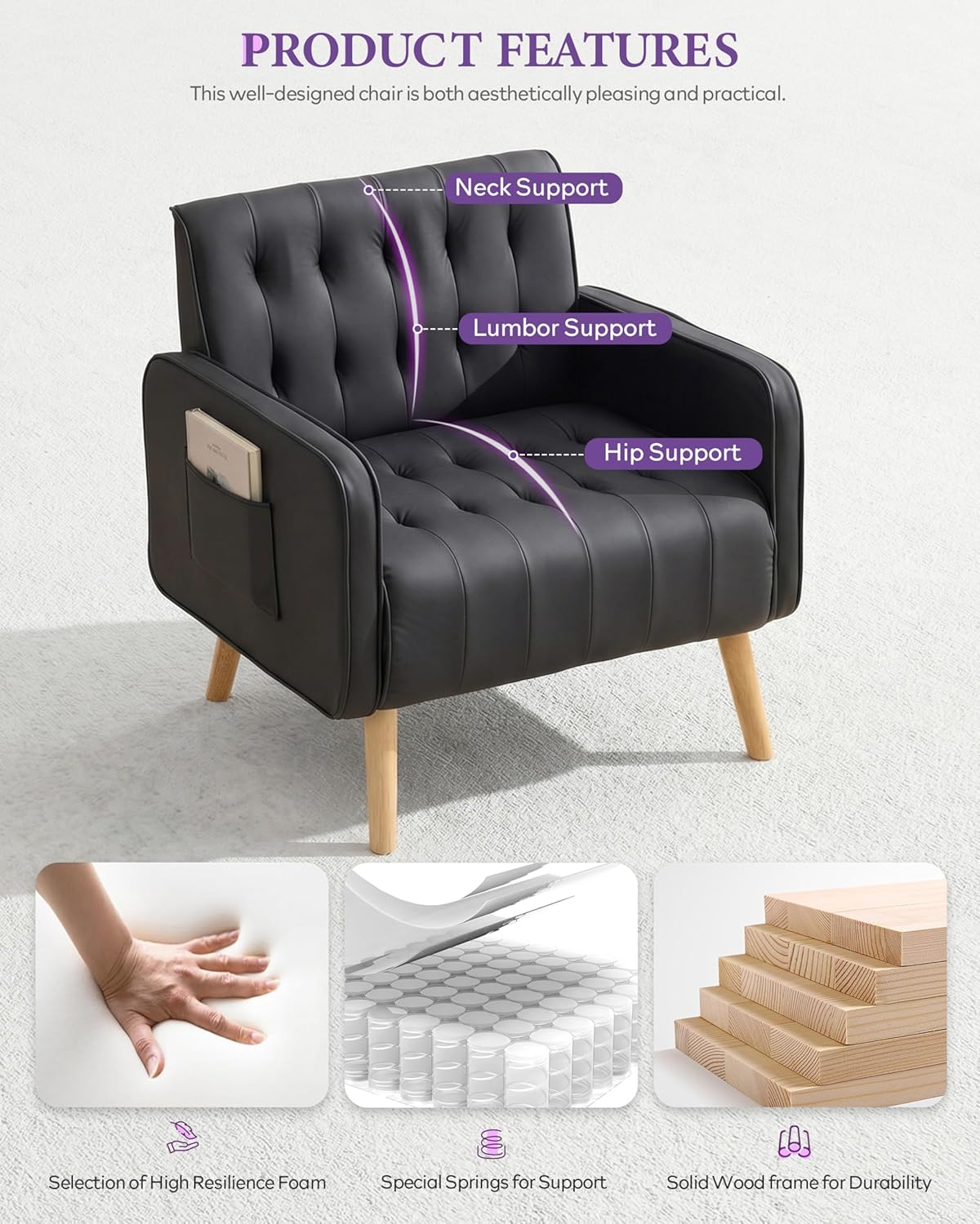 TYBOATLE Leather Accent Chair Set of 2, Mid-Century Modern Living Room Chair with Pocket and Wooden Legs, Tufted Cozy Office Reading Chair, Armchair for Living Room, Waiting Room, Bedroom (Black, 2)