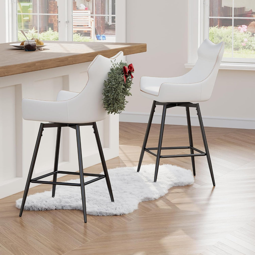 TYBOATLE 26” High Back Leather Swivel Bar Stools Set of 2, Counter Height Bar Stools with Metal Legs, Height-Adjustable Upholstered Faux Leather Barstools for Kitchen Counter, White