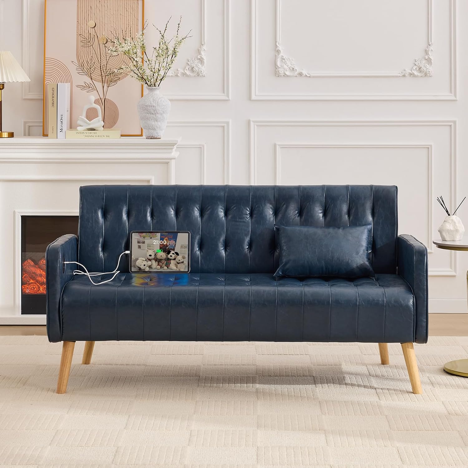 TYBOATLE 57" Faux Leather Loveseat Couch, Mid-Century Modern Comfy Office 2 Seater Sofa Couch with USB & Pockets, Small Love Seat Mini Couches for Living Room, Apartment, Bedroom (Blue, 1)