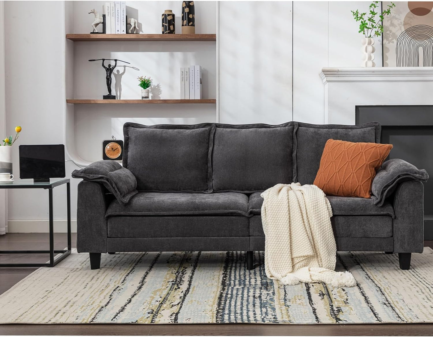 TYBOATLE Sofa Couches for Living Room, Mid-Century Modern Comfy 85" W Loveseat w/2 USB Charger & Wide Arms, 3 Seater Cloud Small Couch Sofas for Small Space Apartment Bedroom Office (Dark Grey)