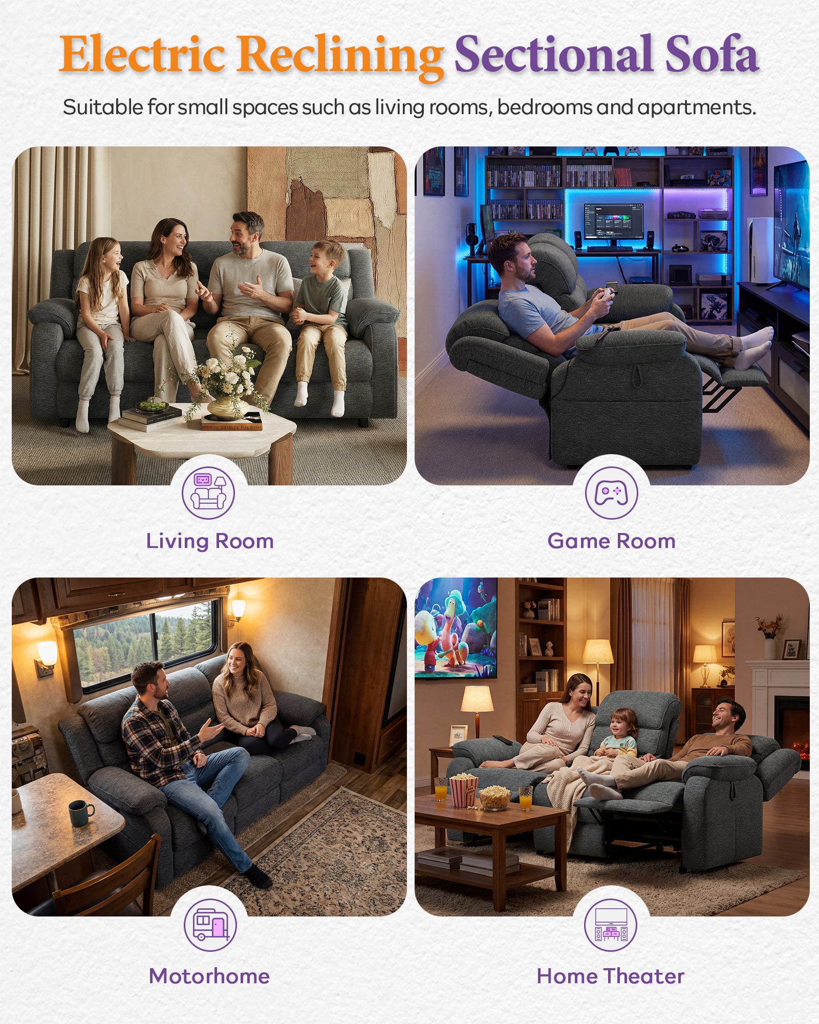 TYBOATLE Power Recliner Sofa, 3 Seater Electric Reclining Sofa with Dual Motors and Remote Control, Chenille Recliner Couch w/ Side Pockets for Living Room, RV, Game Room, Home Theater, 76.5" Wide (Grey)