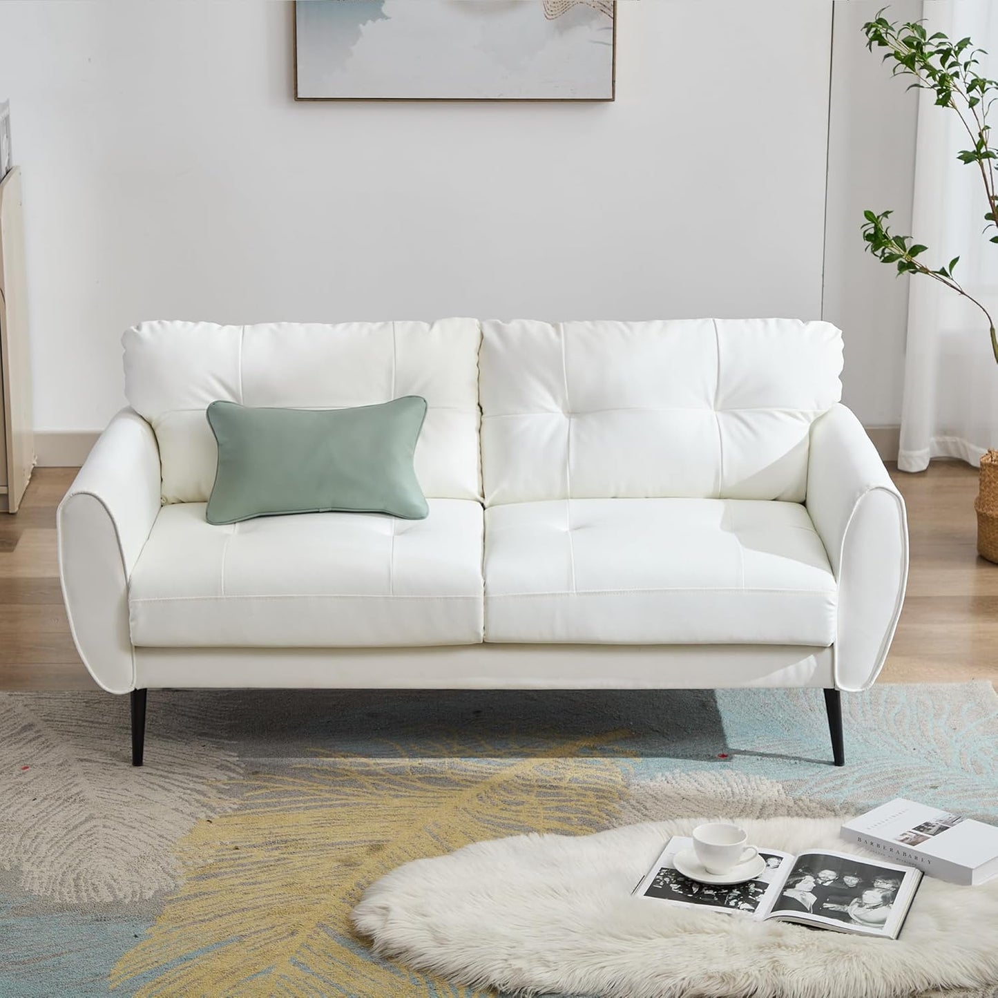 Sofa Couch 61" Small Loveseat Couches for Living Room White Leather Couch Mid Century Modern Tufted Mini Sofa Comfy Office 2 Seat Settee Love Seat Small Couches for Small Spaces Bedroom (1, White)