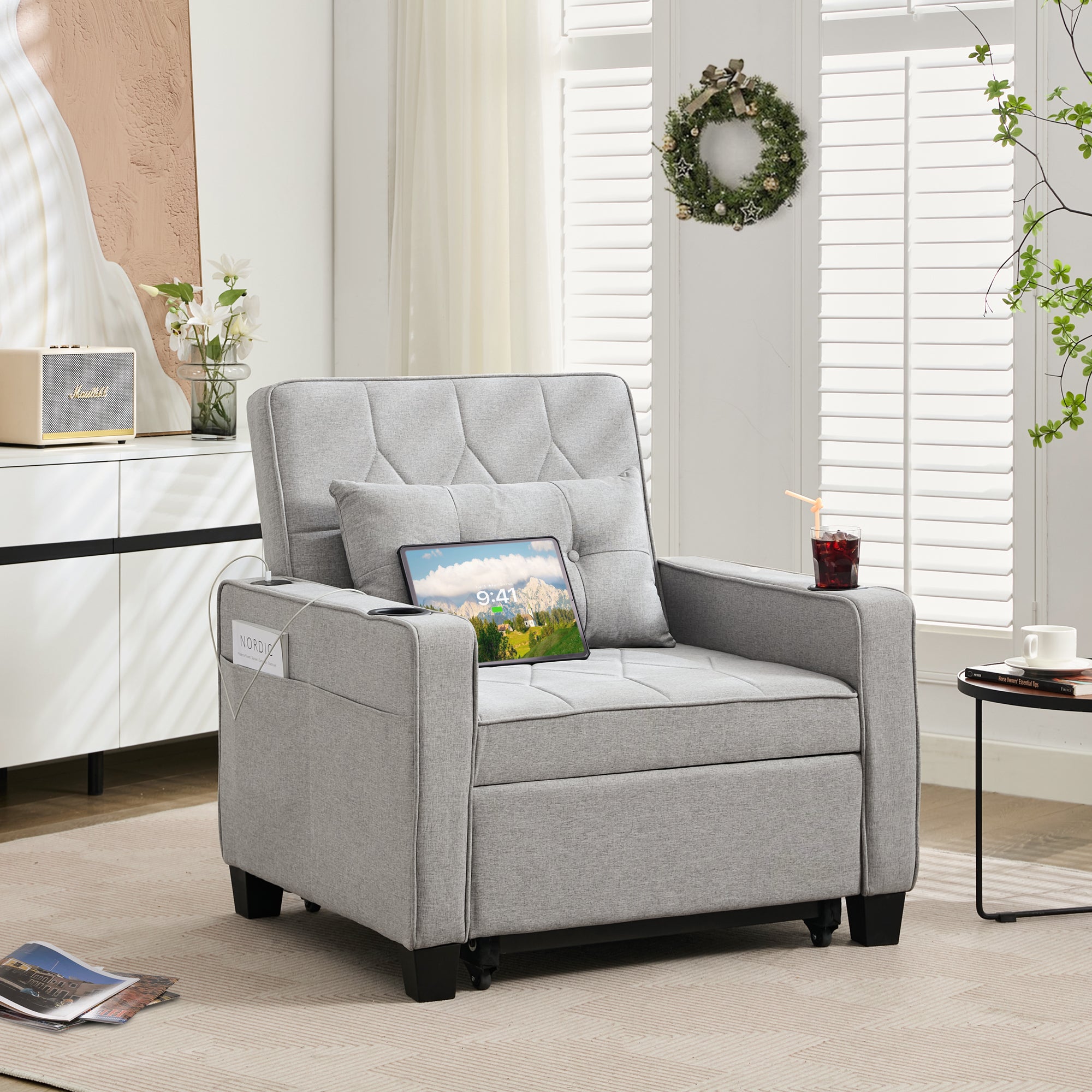 TYBOATLE Convertible Sleeper Chair Bed for Adults, 3-in-1 Pull Out Sofa Chair Bed with USB/Type-C Ports, Cup Holders, Side Pockets, Single Futon Sofa for Living Room, Bedroom, Small Space (Grey)