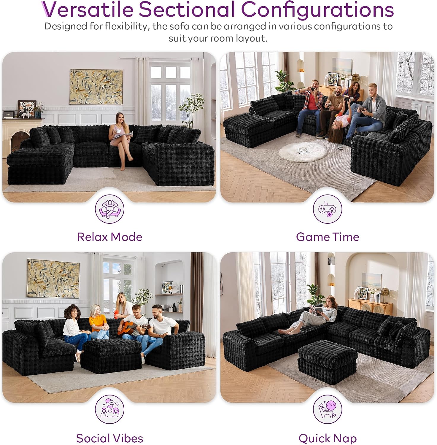 TYBOATLE 135’’ Boneless Slow-Rebound Memory Foam Couch, Cloud Sectional Couches for Living Room w/Upgraded Fabric, Deep Seat Comfy Fluffy U Shaped Modular Sectional Sofa w/Chaise
