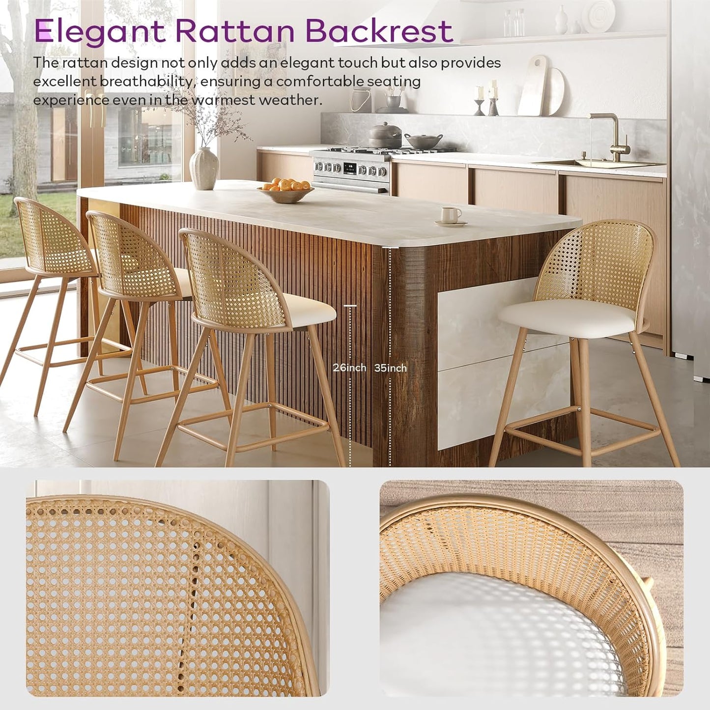 TYBOATLE 26'' BarStools Set of 2 w/Rattan Backrest, Swivel Counter Height Bar stools w/Metal Legs, Modern Mid-Century Boho Bar stools with Faux Leather for Kitchen Island, Dining Room, White