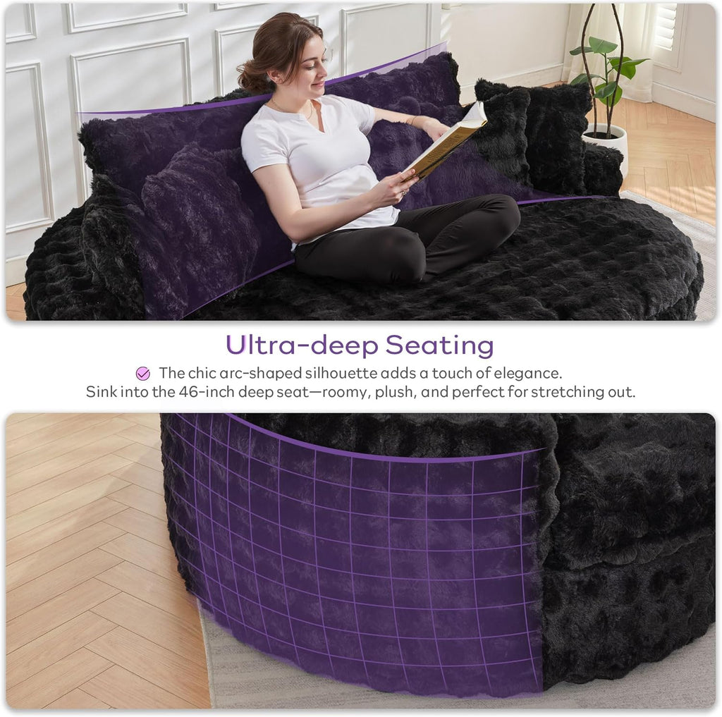 TYBOATLE 83’’ Oversized Round Boneless Couch w/Deep Seat, Round Memory Foam Couch, Comfy Fluffy Plush Bubble Sofa w/Double Cushion, Circle Bed for Livingroom, Bedroom (Black)