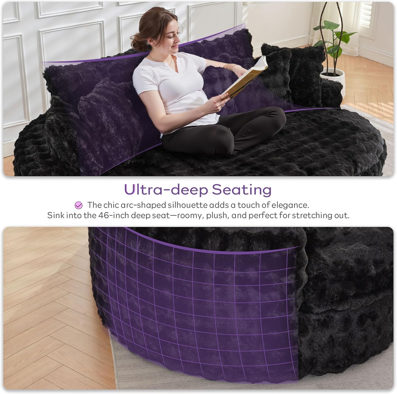 TYBOATLE 83’’ Oversized Round Boneless Couch w/Deep Seat, Round Memory Foam Couch, Comfy Fluffy Plush Bubble Sofa w/Double Cushion, Circle Bed for Livingroom, Bedroom (Black)