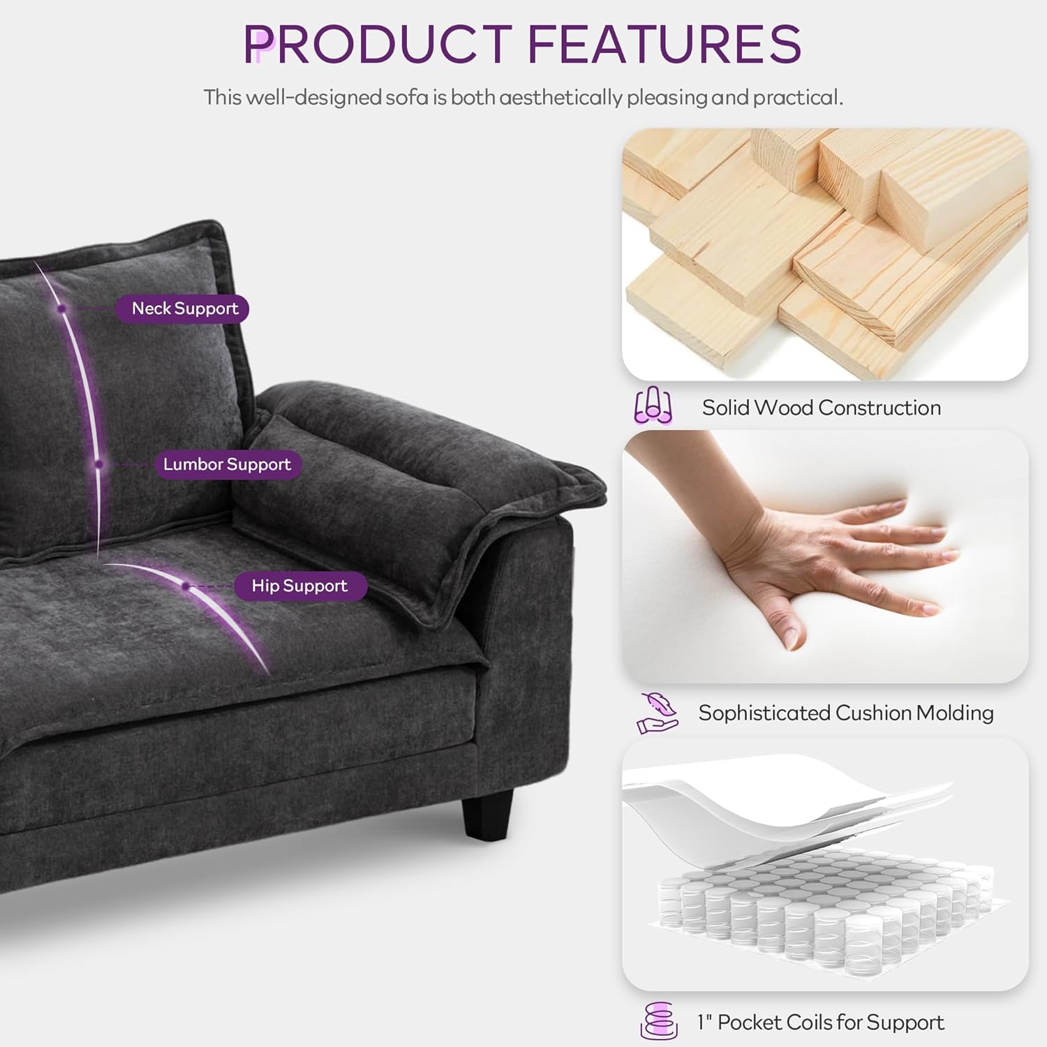 TYBOATLE 85" W Sofa Couches for Living Room, Mid-Century Modern Comfy Loveseat w/2 USB Charger & Wide Arms, 3 Seater Cloud Small Couch Sofas for Small Space Apartment Bedroom Office