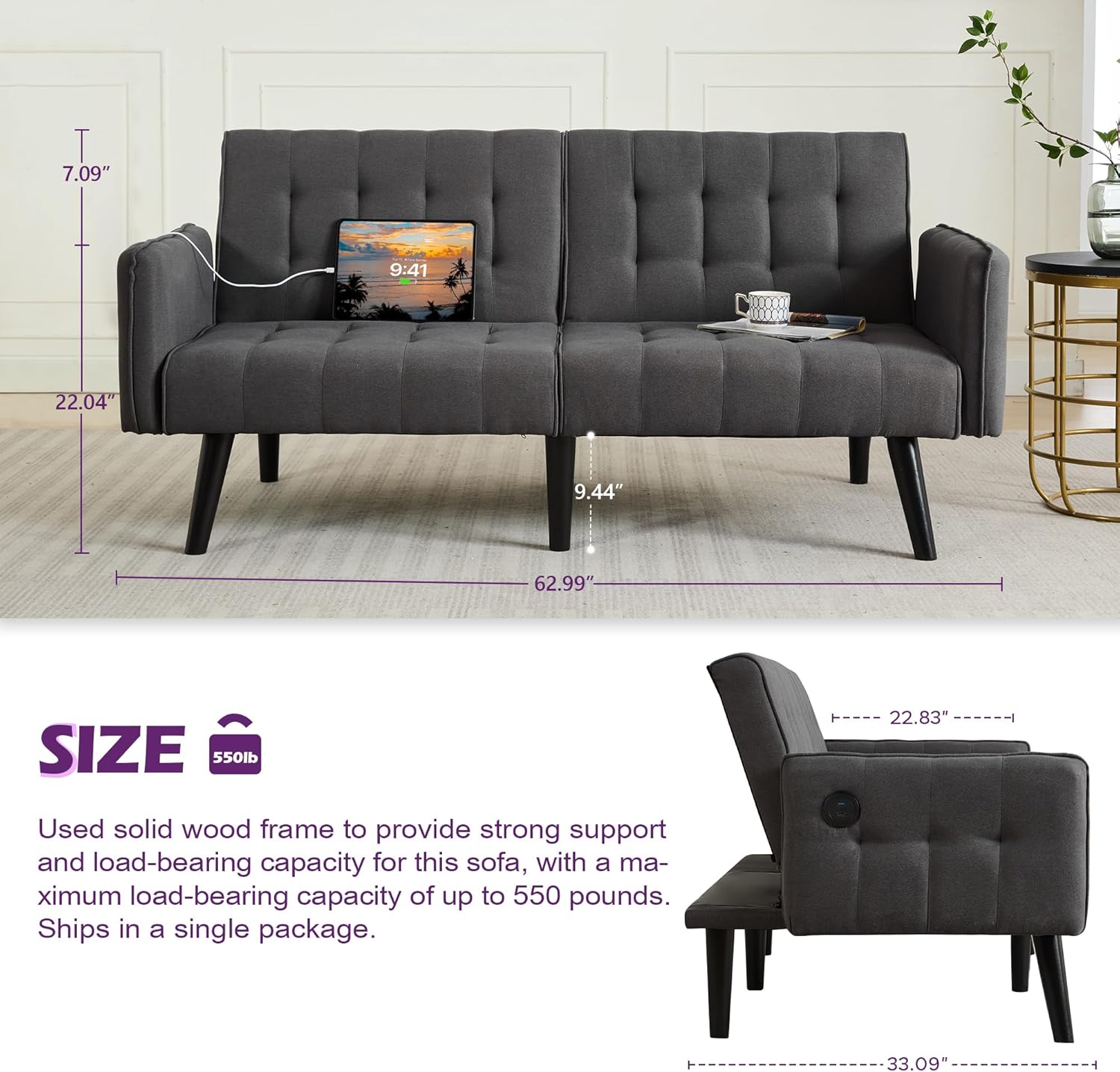 TYBOATLE 65“ Convertible Futon Sofa Bed w/ 2 USB, Upholstered Tufted Small Adjustable Folding Couch Loveseat, Modern Mid Century Sleeper Sofa for Living Room, Bedroom, Apartment, Office (Dark Grey)