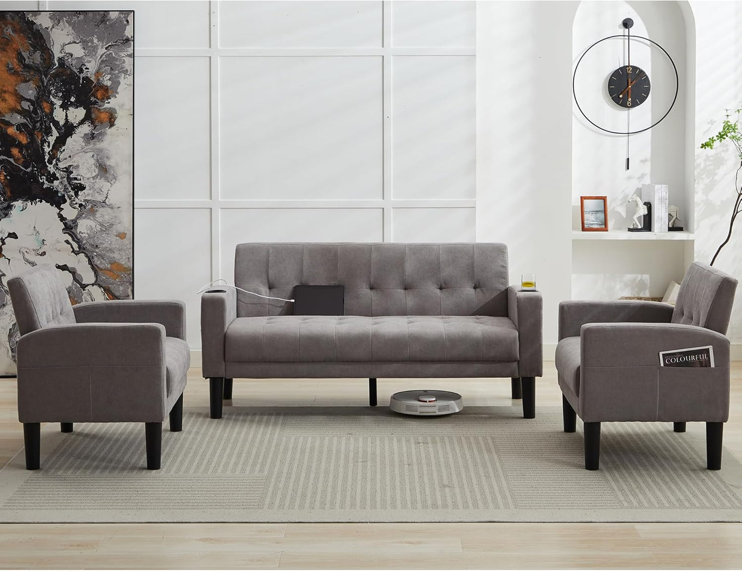 TYBOATLE Sofa Couch, Living Room Furniture Sectional Sofa Sets 2 Pic, Tufted Mid-Century Loveseat w/USB, Cupholders & Comfy Single Sofa for Small Space, Apartment, Office (Light Grey)