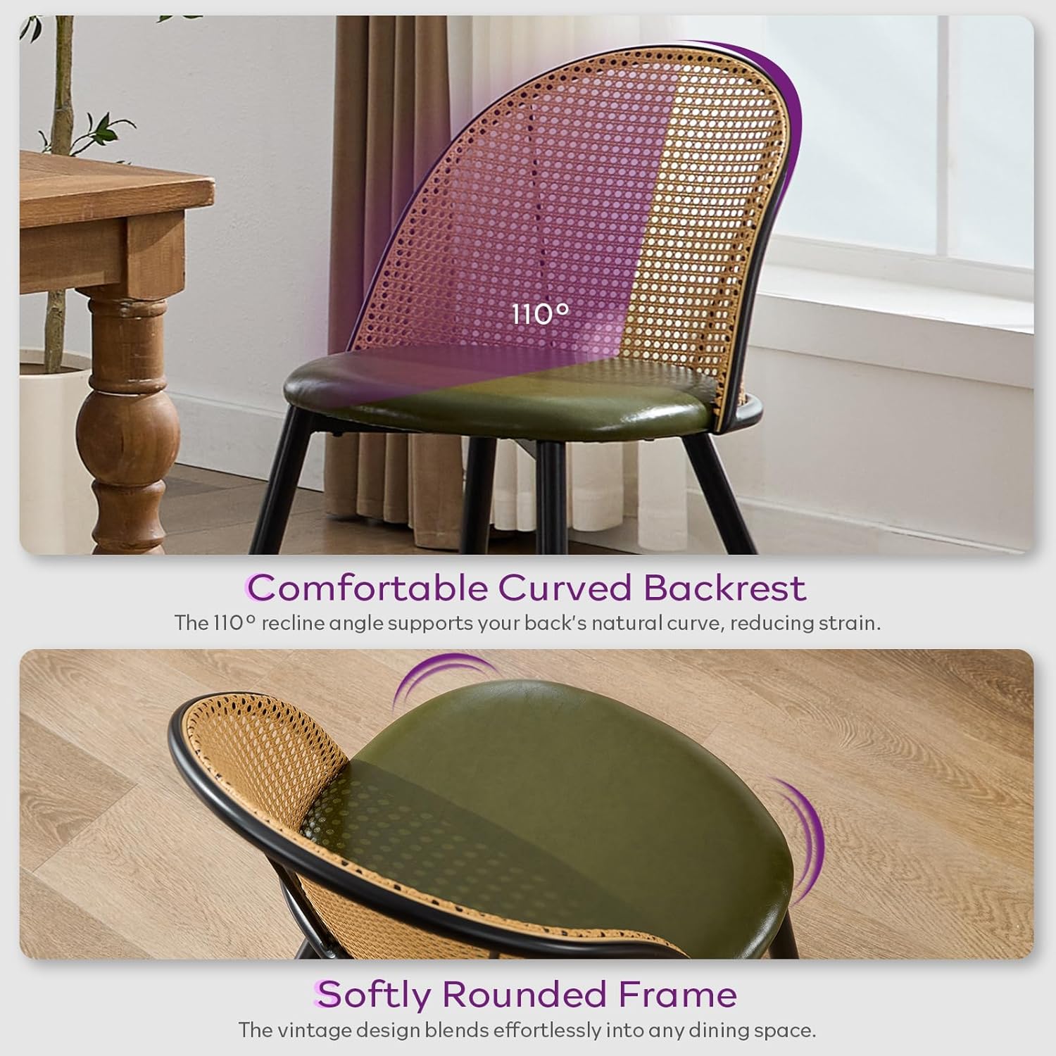 TYBOATLE Rattan Dinner Chairs Set of 4 with Faux Leather Cushion, Modern Dining Room Chairs w/Adjustable Foot Pads, Kitchen Boho Mid Century Upholstered, Green