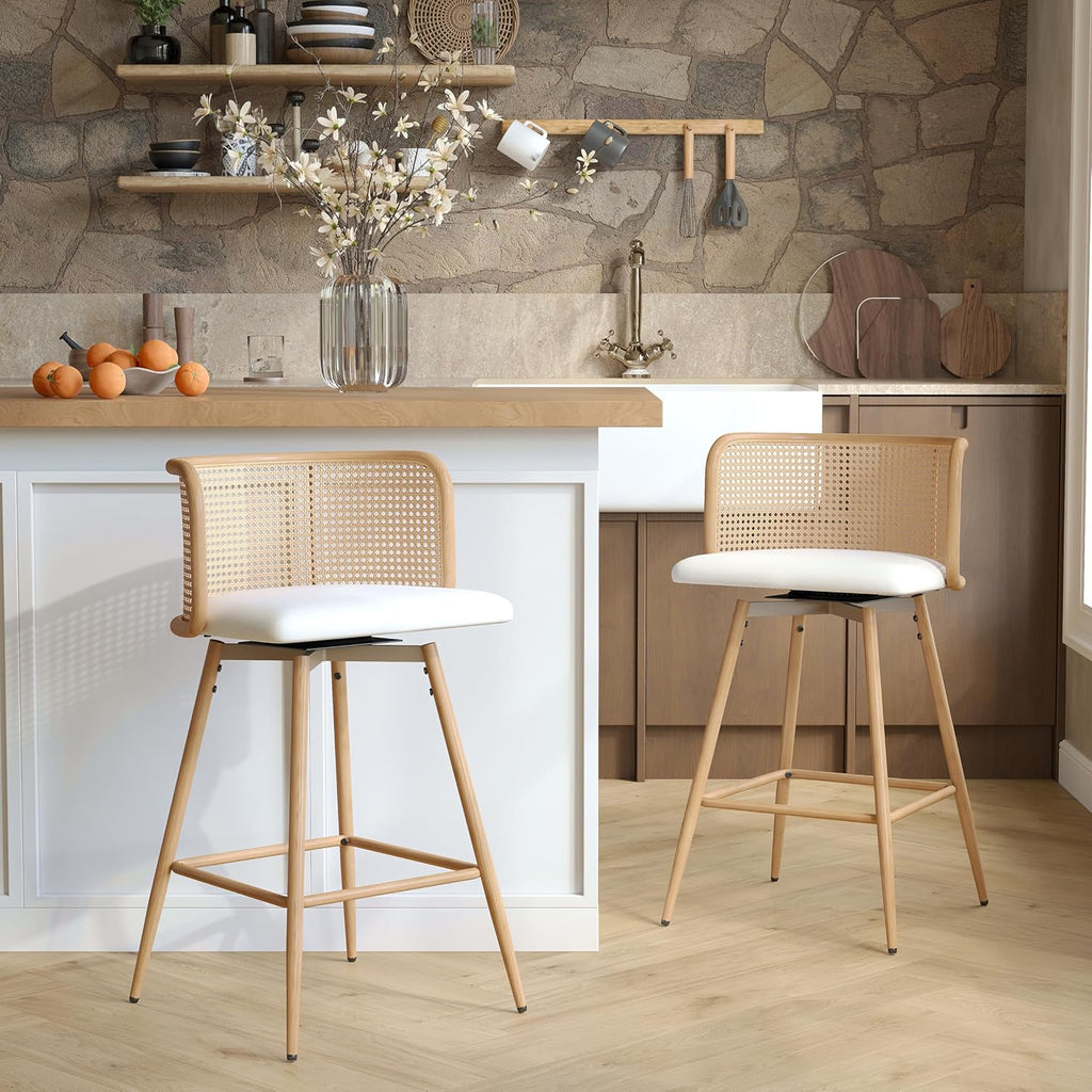 TYBOATLE Swivel Rattan Bar Stools Set of 2, 26” Counter Height Stools with Natural Rattan Woven Back and Faux Leather Seat, Mid-Century Modern Island Chairs Barstools for Kitchen, White (2, White)