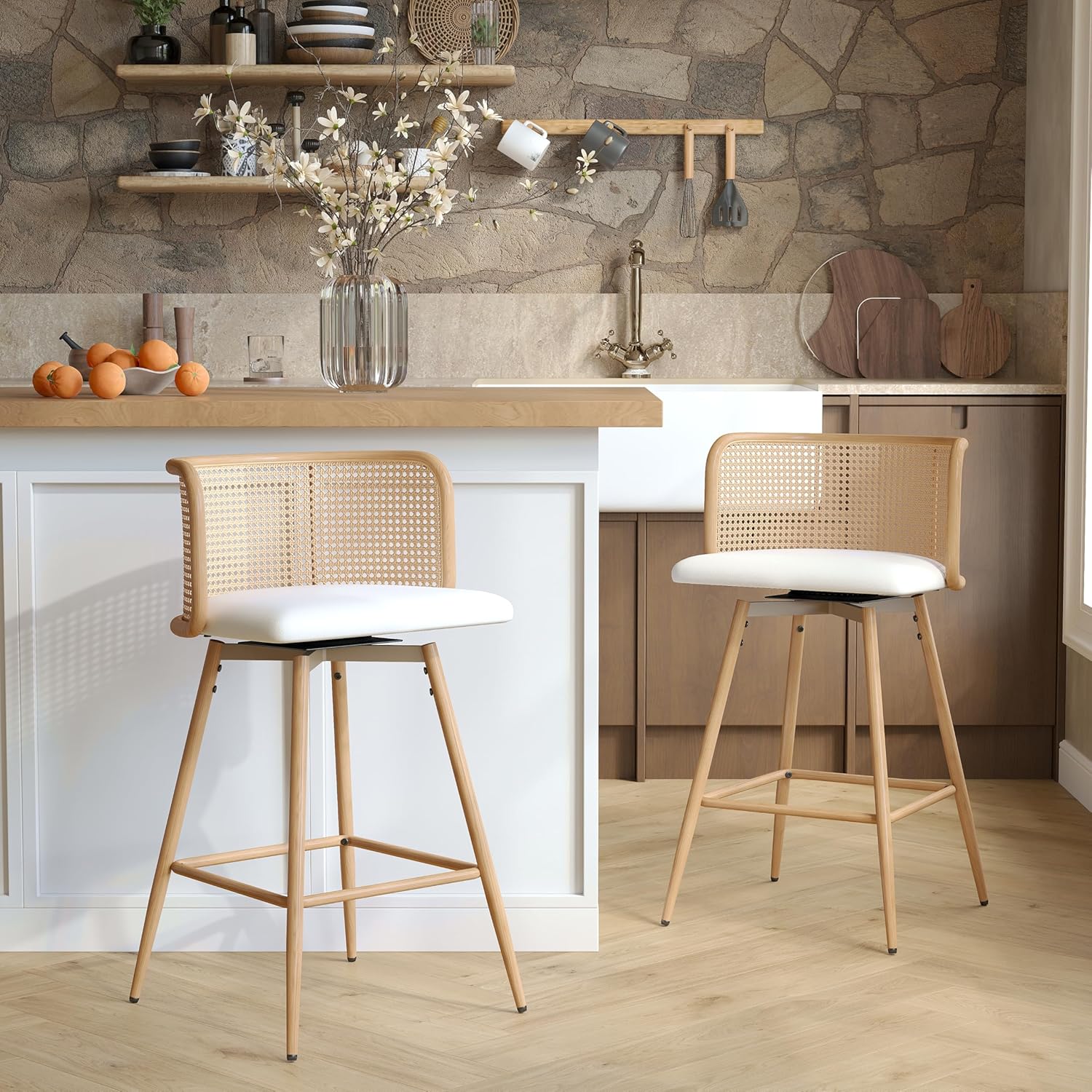 TYBOATLE Swivel Rattan Bar Stools Set of 2, 26” Counter Height Stools with Natural Rattan Woven Back and Faux Leather Seat, Mid-Century Modern Island Chairs Barstools for Kitchen, White (2, White)