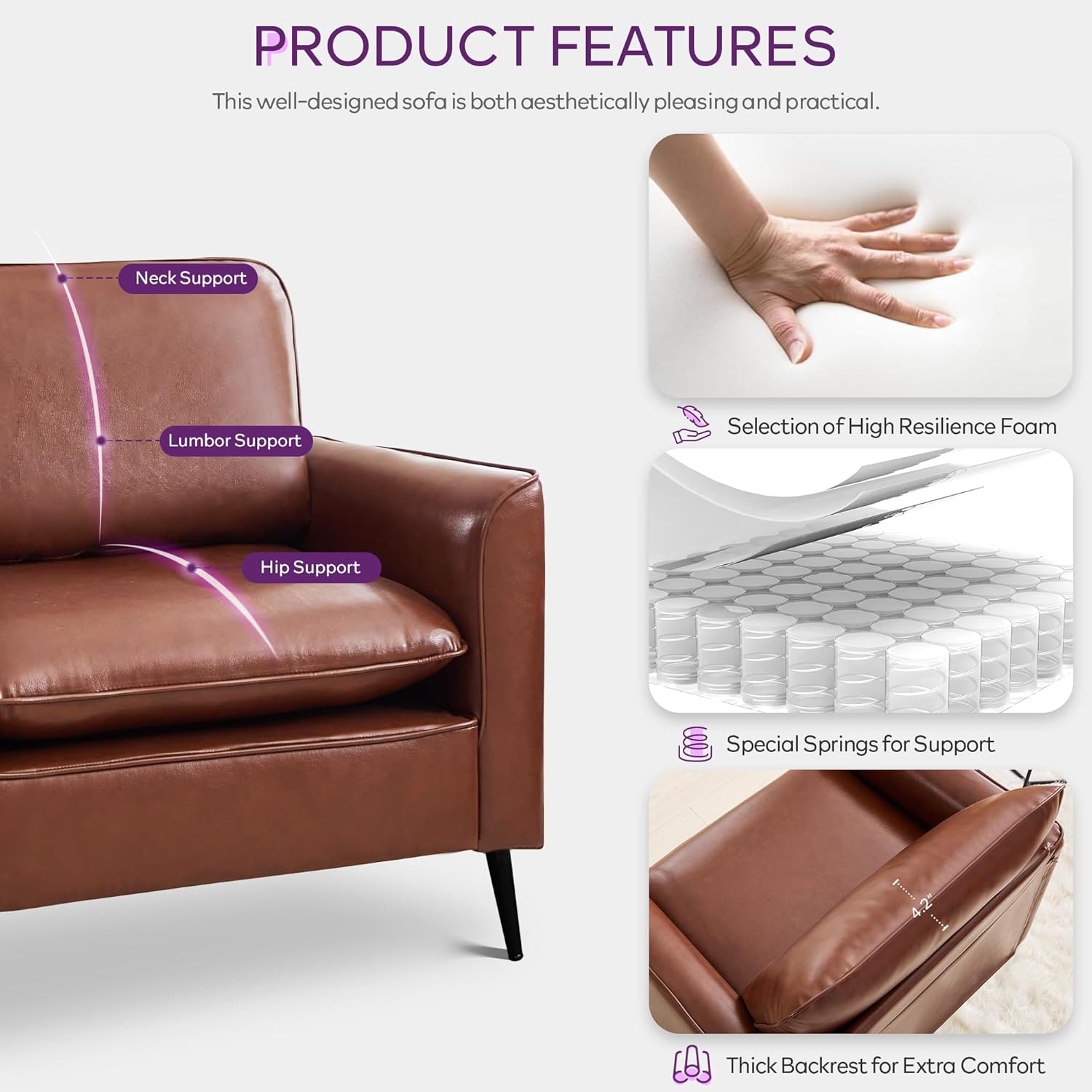 TYBOATLE Accent Chairs Set of 2, Comfy Faux Leather Living Room Chairs, Mid Century Modern Sofa Chairs, Cozy Office Reading Chair, Armchairs for Bedroom, Office, Living Room (Brown)