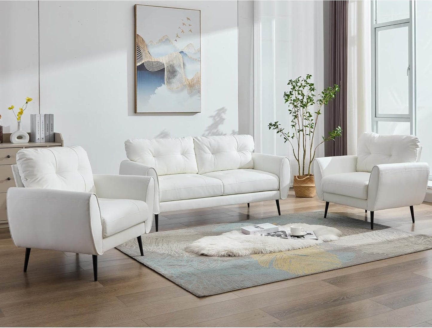 Sofa Couch 61" Small Loveseat Couches for Living Room White Leather Couch Mid Century Modern Tufted Mini Sofa Comfy Office 2 Seat Settee Love Seat Small Couches for Small Spaces Bedroom (3, White)