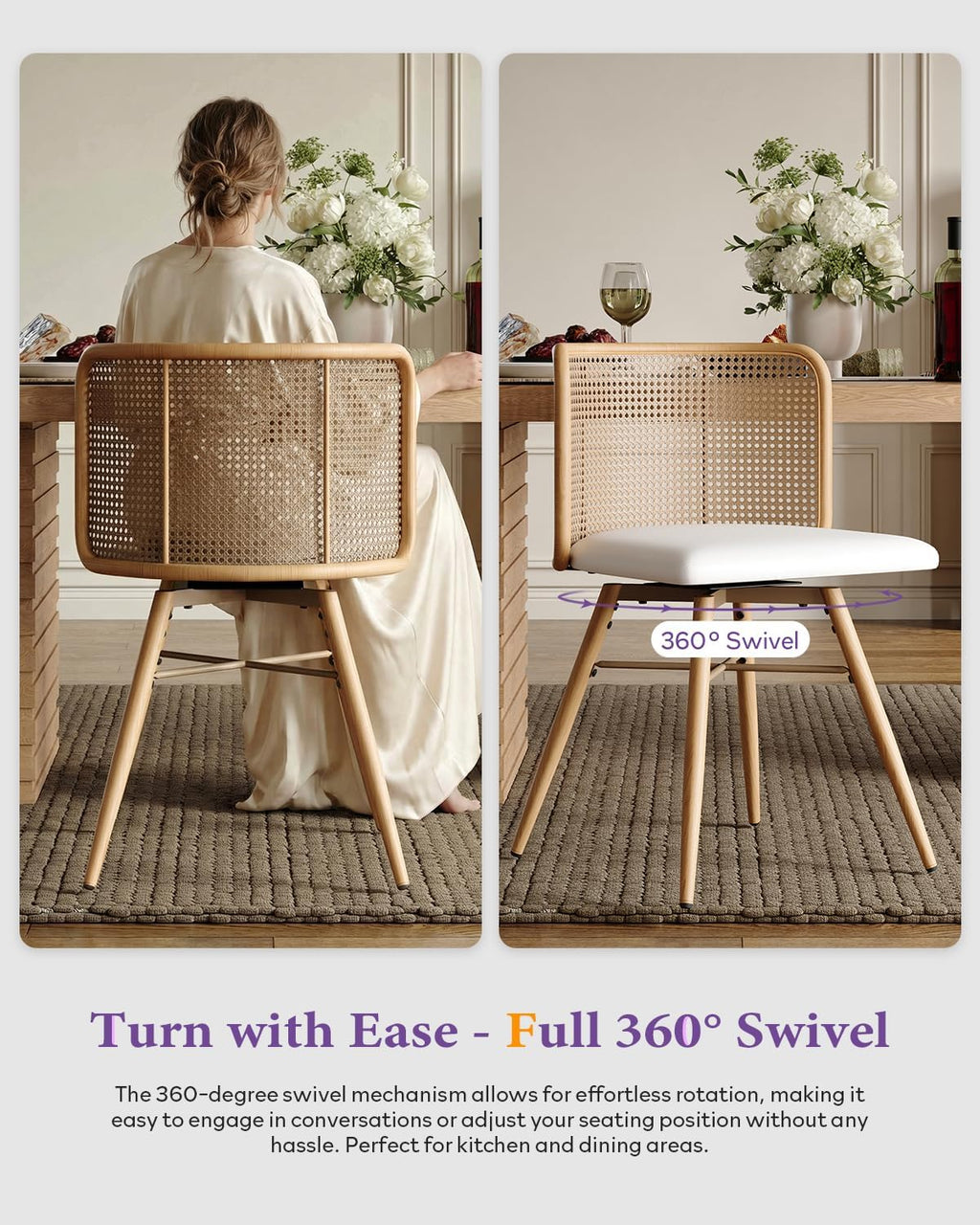 TYBOATLE Swivel Rattan Dining Chiars Set of 6, Farmhouse Boho Dining Room Chair with Rattan Woven Back and Faux Leather Seat, Upholstered Kithchen Chairs for Dining Table