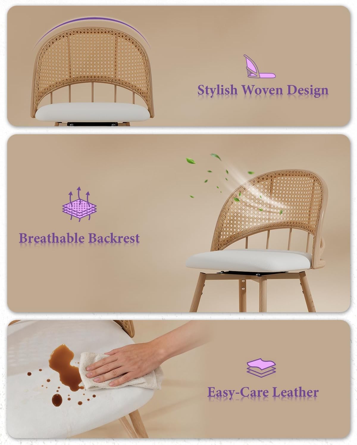 TYBOATLE 26'' Bar Stools Set of 2, Rattan Counter Height Swivel Stools for Kitchen
