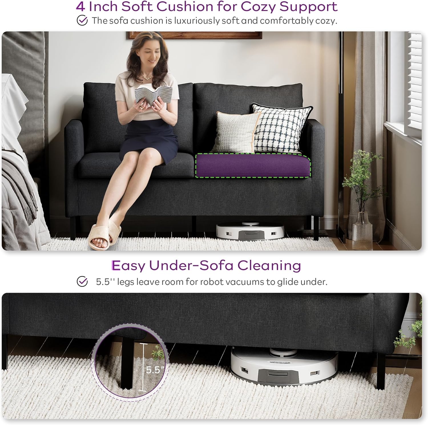 TYBOATLE Modern Linen Fabric Small Couches for Small Spaces, Comfy Upholstered Love Seat for Bedroom, 2 Seater Mini Couch for Apartment, Dorm, Office, Dark Grey