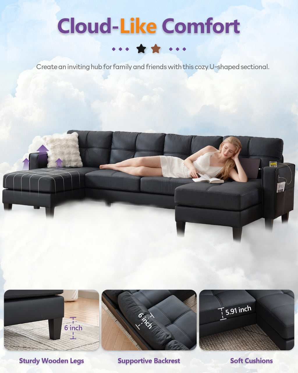 TYBOATLE 116’’ W Black Faux Leather Sectional Couch w/USB and Cup Holders for Living Room, Comfy Tufted U Shaped Modular Convertible Sofa w/Chaise Lounge, Office Leather Sofa for Bedroom