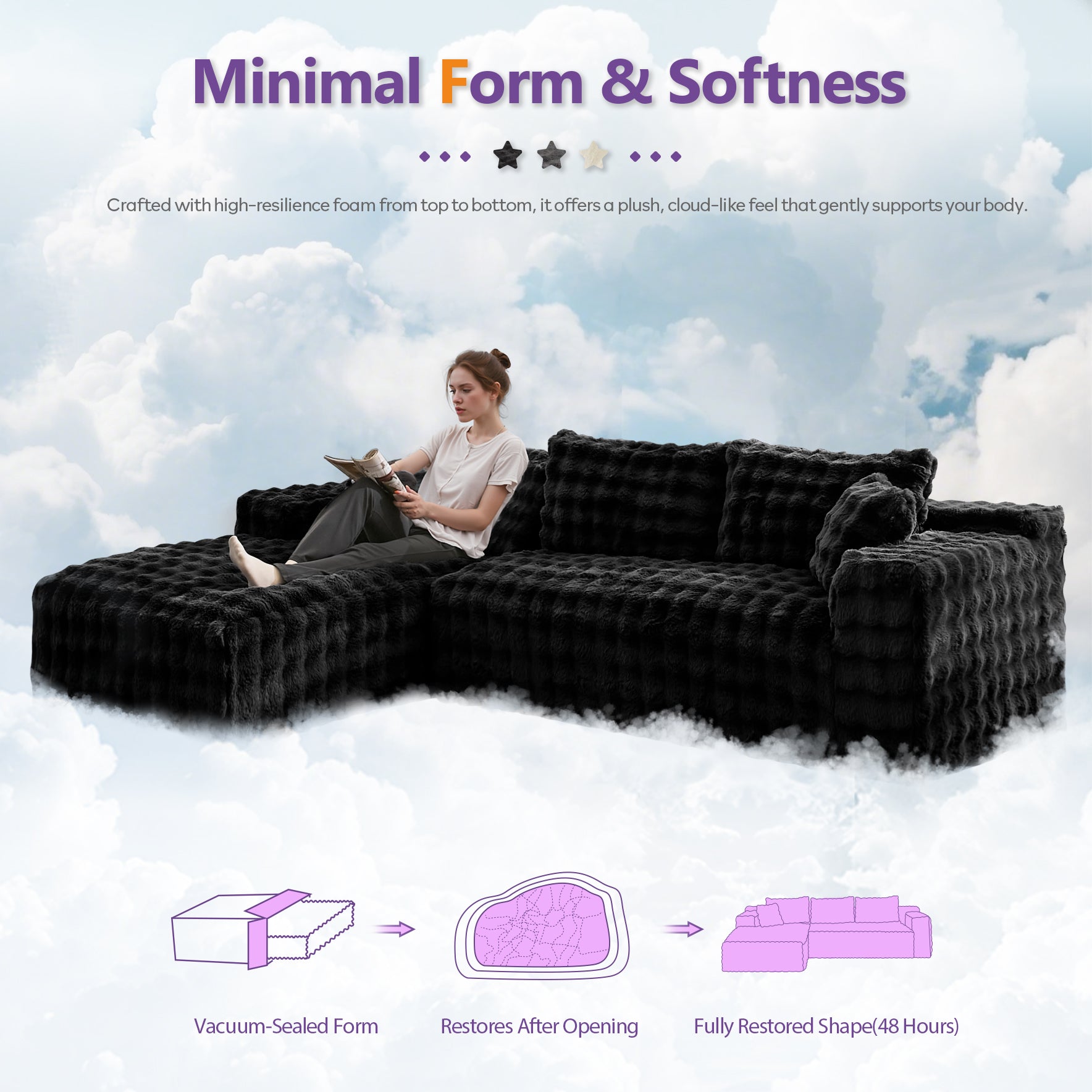 TYBOATLE 110’’ Boneless Slow-Rebound Memory Foam Couch, Cloud Sectional Couches for Living Room w/Upgraded Fabric, Deep Seat Comfy Fluffy L Shaped Modular Sectional Sofa (Black, Left Facing Chaise)