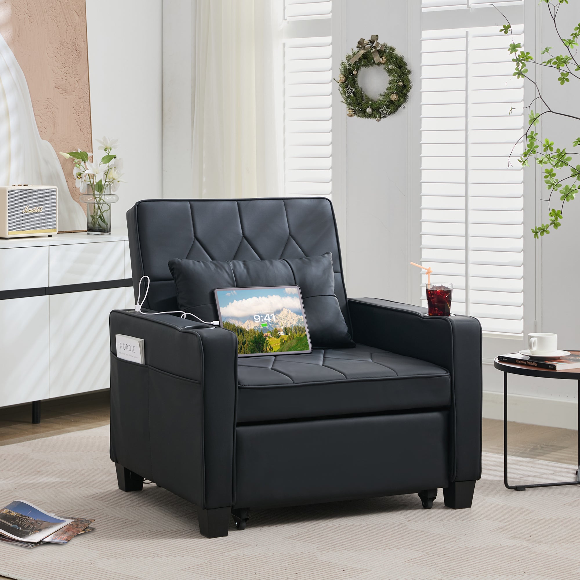TYBOATLE Convertible Sleeper Chair Bed for Adults, 3-in-1 Pull Out Sofa Chair Bed with USB/Type-C Ports, Cup Holders, Side Pockets, Single Sofa Bed for Living Room, Bedroom, Office (Black Leather)