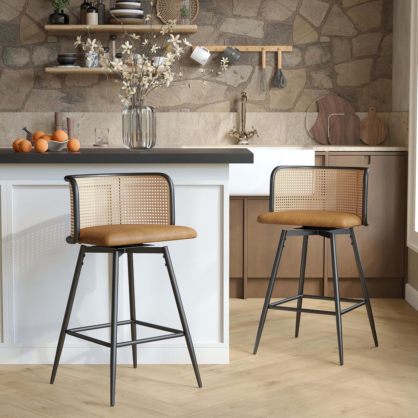 TYBOATLE Swivel Rattan Bar Stools Set of 2, 26” Counter Height Stools with Natural Rattan Woven Back and Faux Leather Seat, Mid-Century Modern Island Chairs Barstools for Kitchen, Brown
