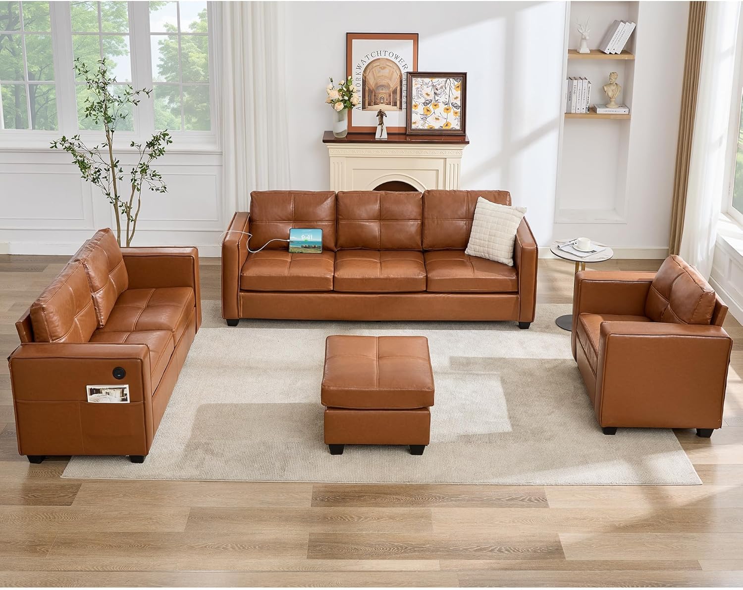 TYBOATLE Brown Sofa Couch Sectional Couches for Living Room, Comfy Comfy Faux Leather Modular Convertible Sofas with Ottoman & USB, Home Sofa Set with Chaise for Apartment Small Space