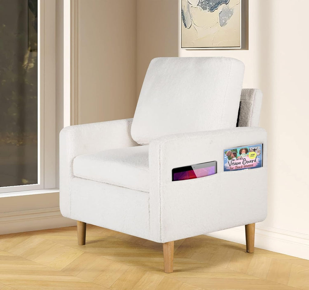 TYBOATLE Accent Chair, Mid-Century Modern Fabric Living Room Arm Chair, Furry Cozy Upholstered Armchair w/Side Pocket, Reading Lounging Side Chairs for Office, Apartment, Bedroom, Cream White