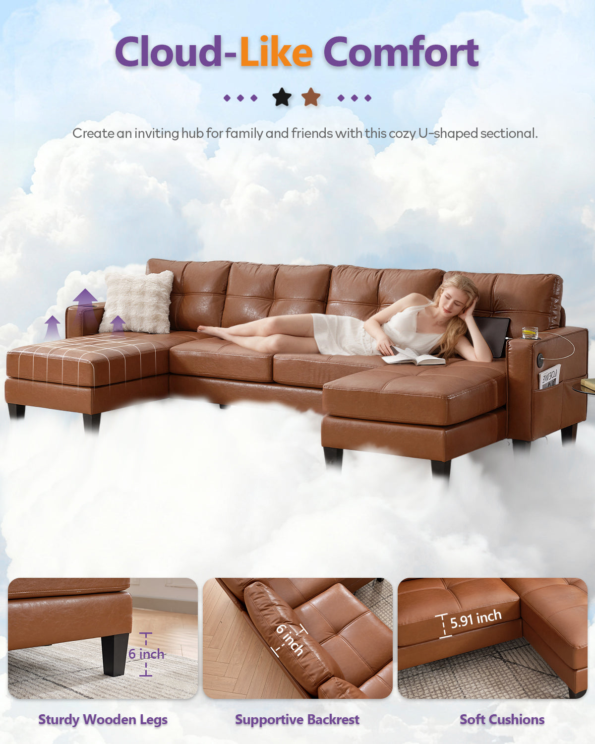 TYBOATLE 116’’ W Brown Faux Leather Sectional Couch w/USB and Cup Holders for Living Room, Comfy Tufted U Shaped Modular Convertible Sofa w/Chaise Lounge, Office Leather Sofa for Bedroom