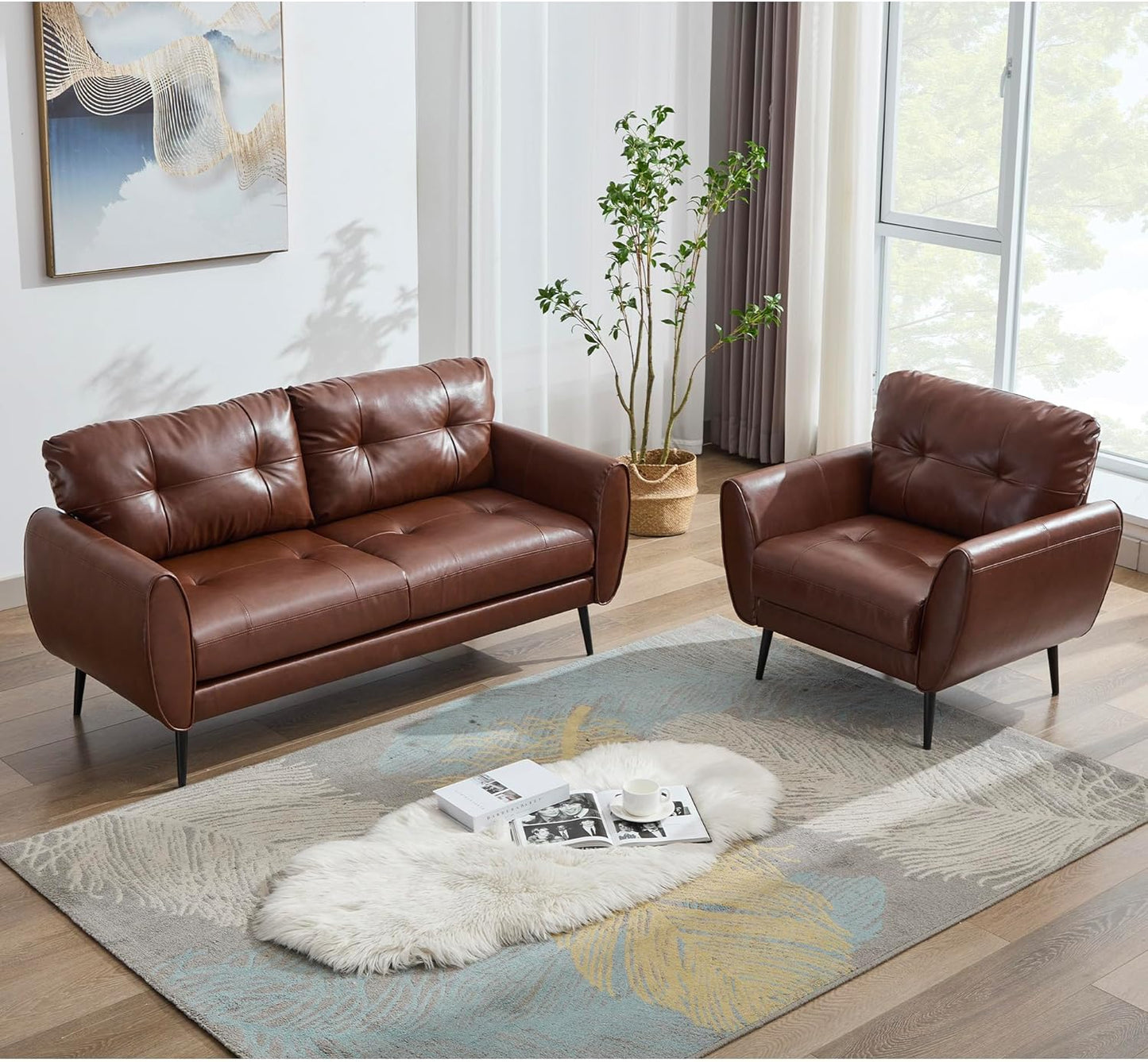 TYBOATLE Sofa Couch 61" Small Loveseat Couches for Living Room White Leather Couch Mid Century Modern Tufted Mini Sofa Comfy Office 2 Seat Settee Love Seat Small Couches for Small Spaces Bedroom (2, Brown)