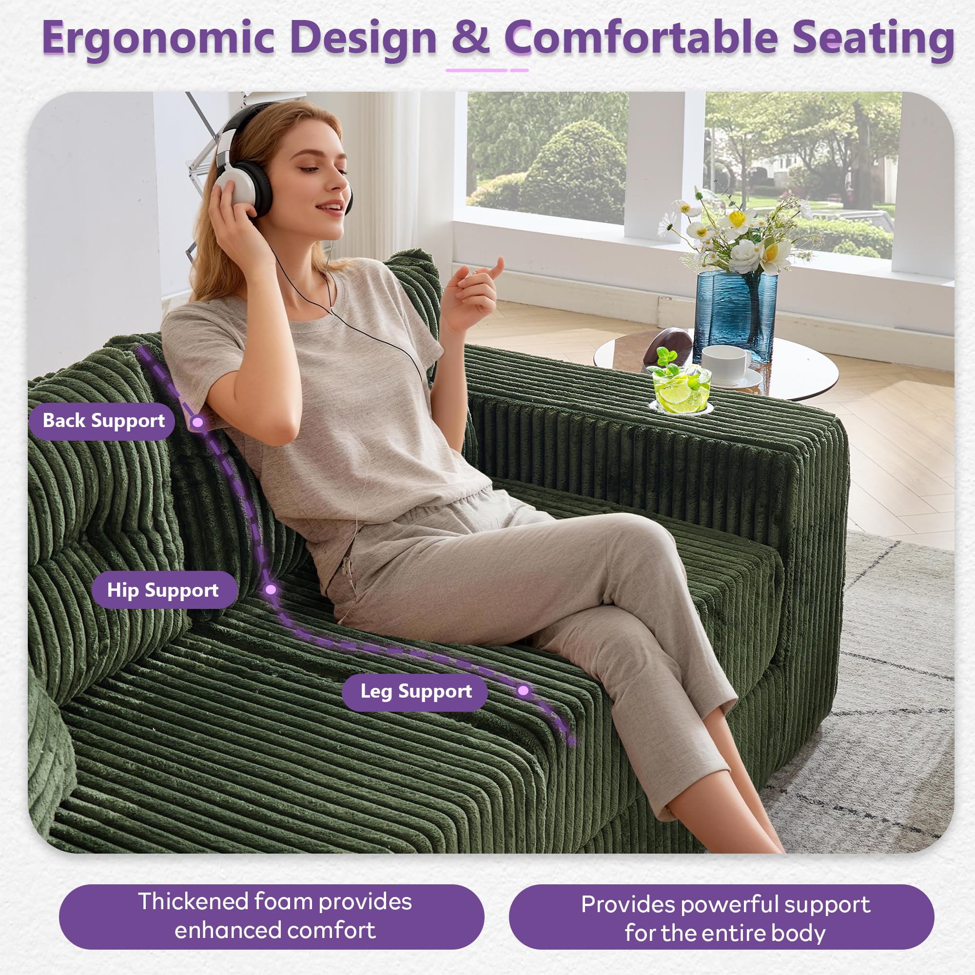 TYBOATLE Modular Sectional Sofa Couch, Corduroy Cloud Boneless Foam Couch with Deep Seats & Cup Holder, Modern Comfy Sleeper Sofa with L-Shape Chaise, No Assembly (Forest Green)