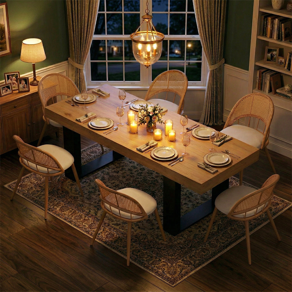 TYBOATLE 63'' - 79'' Extendable Dining Table Set for 6, Farmhouse Wooden Dining Room Table Set, 7 Piece Dinner Table Set with Upholstered Rattan Dining Chairs (Natural & White, 63''-79''- 6 Chairs)