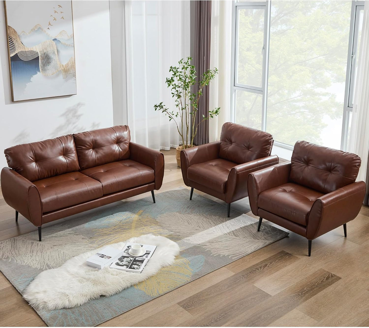 TYBOATLE Sofa Couch 61" Small Loveseat Couches for Living Room White Leather Couch Mid Century Modern Tufted Mini Sofa Comfy Office 2 Seat Settee Love Seat Small Couches for Small Spaces Bedroom (3, Brown)