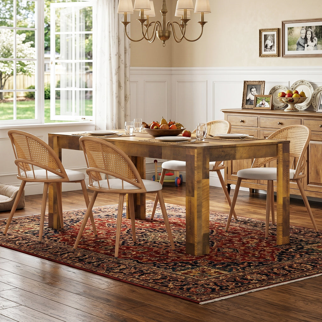 TYBOATLE Farmhouse Dining Table Set for 4, 5 Piece Kitchen Table Set, Wooden Dining Table with 4 Boho Rattan Chairs, MDF Wood Top, Durable Frame, Easy-Clean Surface (Brown-4 Chairs, Wood Leg)