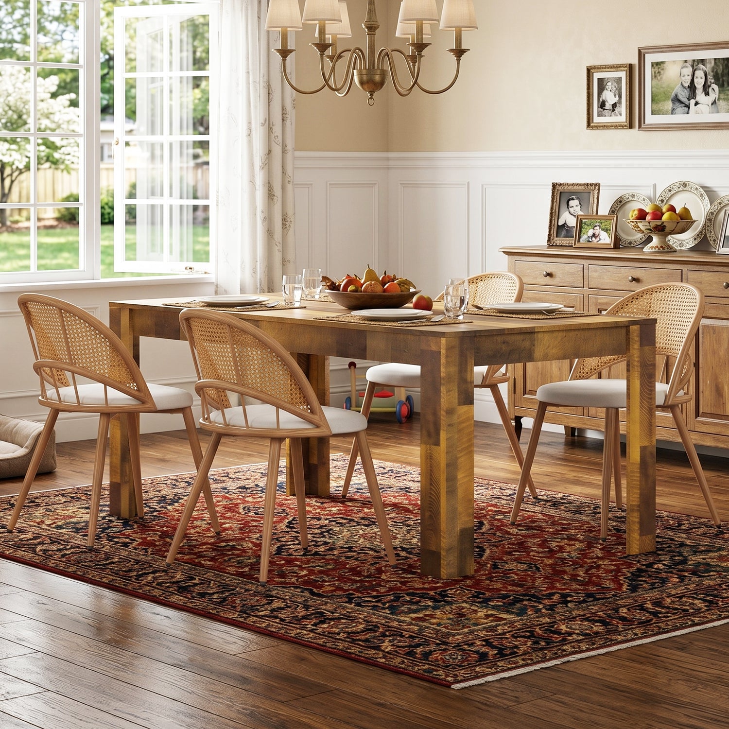 TYBOATLE Farmhouse Dining Table Set for 4, 5 Piece Kitchen Table Set, Wooden Dining Table with 4 Boho Rattan Chairs, MDF Wood Top, Durable Frame, Easy-Clean Surface (Brown-4 Chairs, Wood Leg)