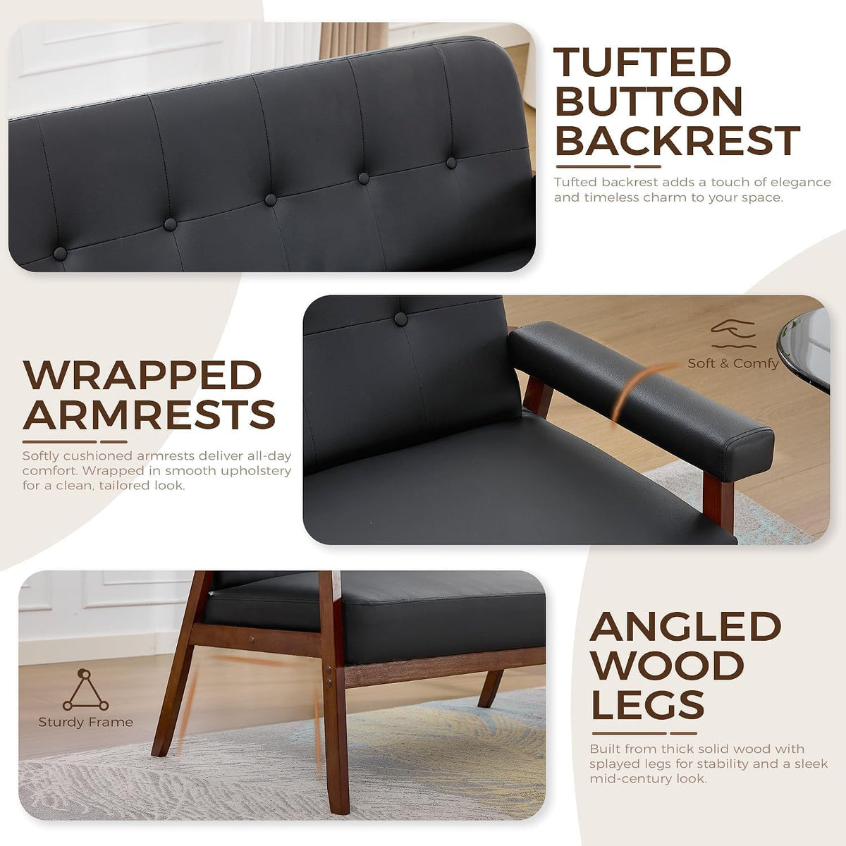 JIASTING 50” Black Leather Loveseat, Tufted Small Office Sofa Couch with Wood Arms, Mid Century Modern, Two Seater, Small Spaces, Living Room, Waiting Room, Bedroom, Black