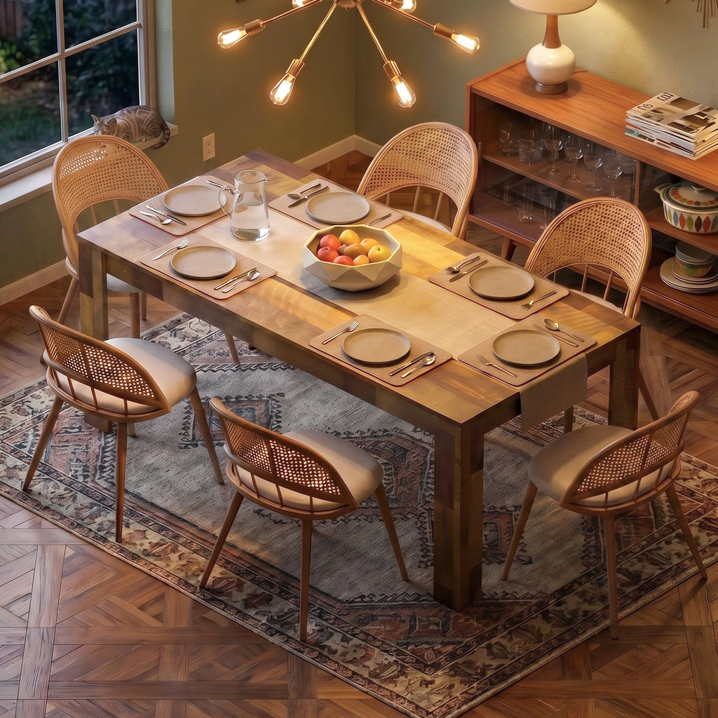 TYBOATLE Farmhouse Dining Table Set for 4, 5 Piece Kitchen Table Set, Wooden Dining Table with 4 Boho Rattan Chairs, MDF Wood Top, Durable Frame, Easy-Clean Surface (Brown-6 Chairs, Wood Leg)