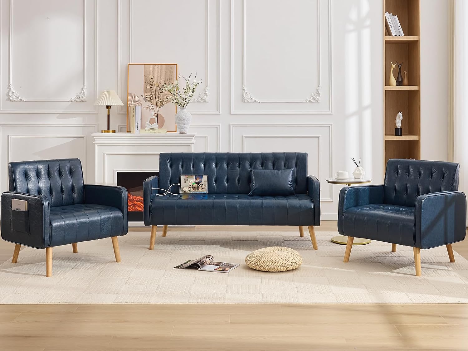 TYBOATLE Faux Leather Love Seat Couch and Accent Chair (Blue, 3) Mid-Century Modern, Tufted Backrest, Small, USB & Side Pockets, 3 Pieces Living Room Sets