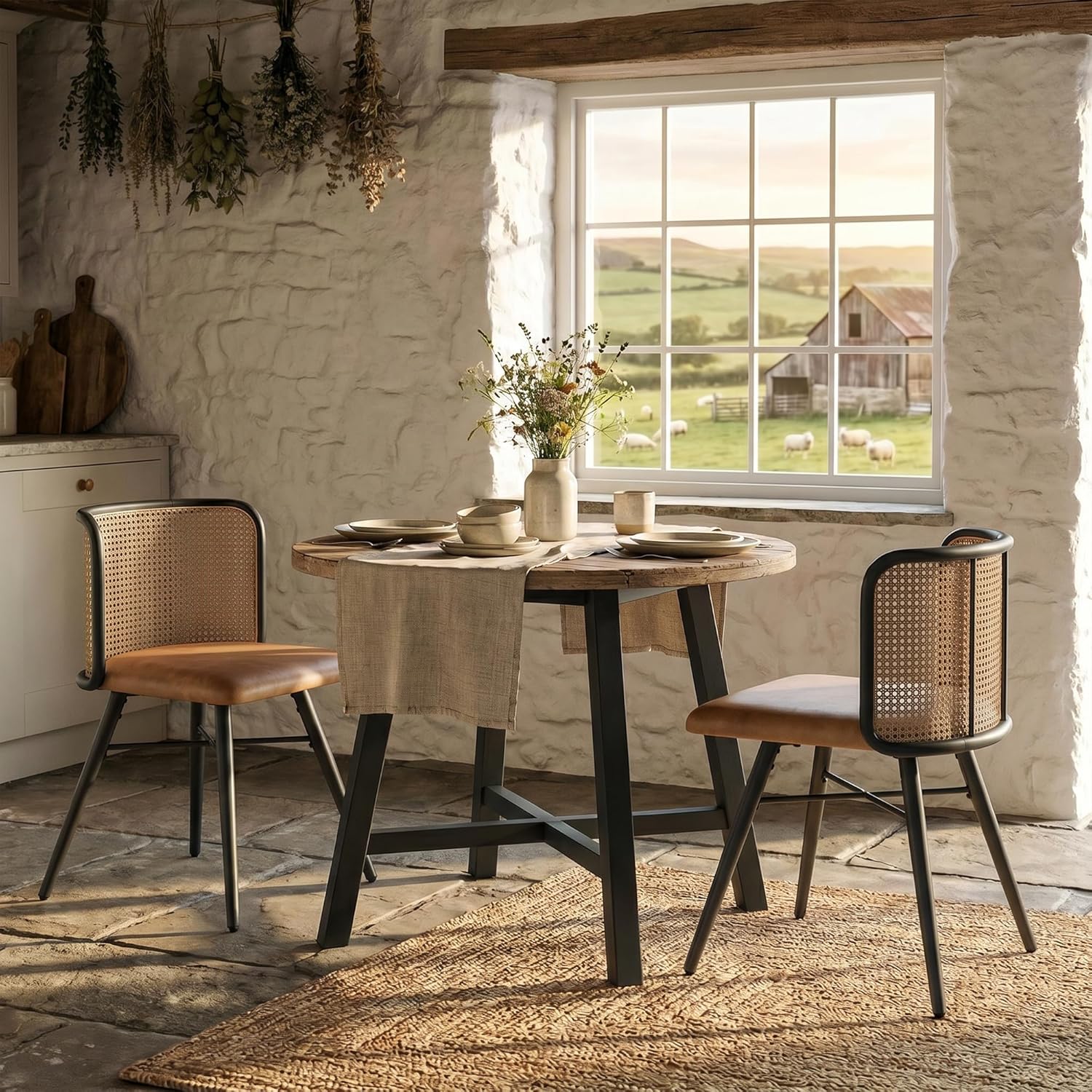 TYBOATLE Swivel Rattan Dining Chiars Set of 2, Farmhouse Boho Dining Room Chair with Rattan Woven Back and Faux Leather Seat, Upholstered Kithchen Chairs for Dining Table (Brown)