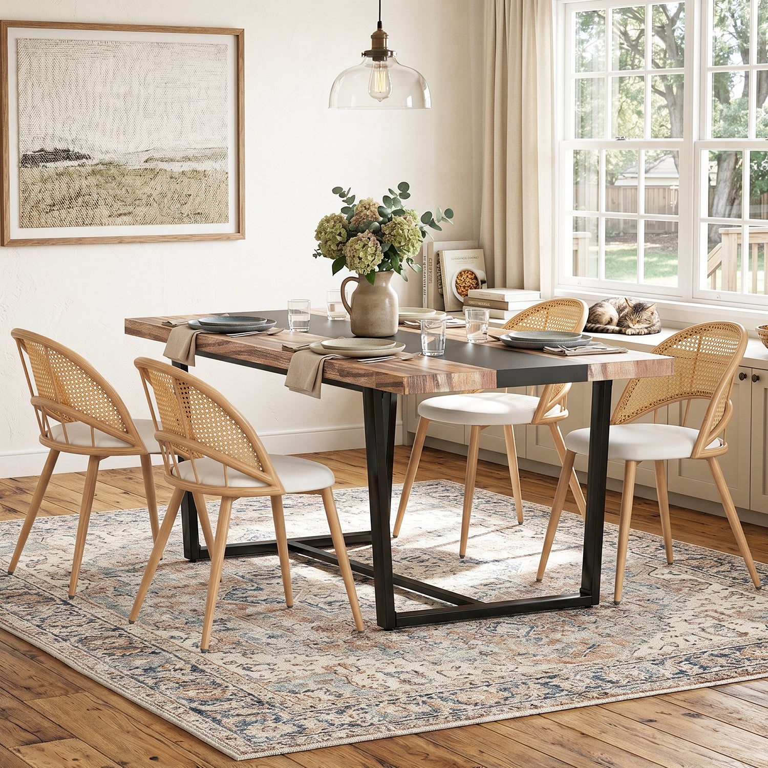 TYBOATLE Farmhouse Dining Table Set for 4, 5 Piece Kitchen Table Set, Wooden Dining Table with 4 Boho Rattan Chairs, MDF Wood Top, Durable Frame, Easy-Clean Surface (Brown-4 Chairs, Metal Leg)
