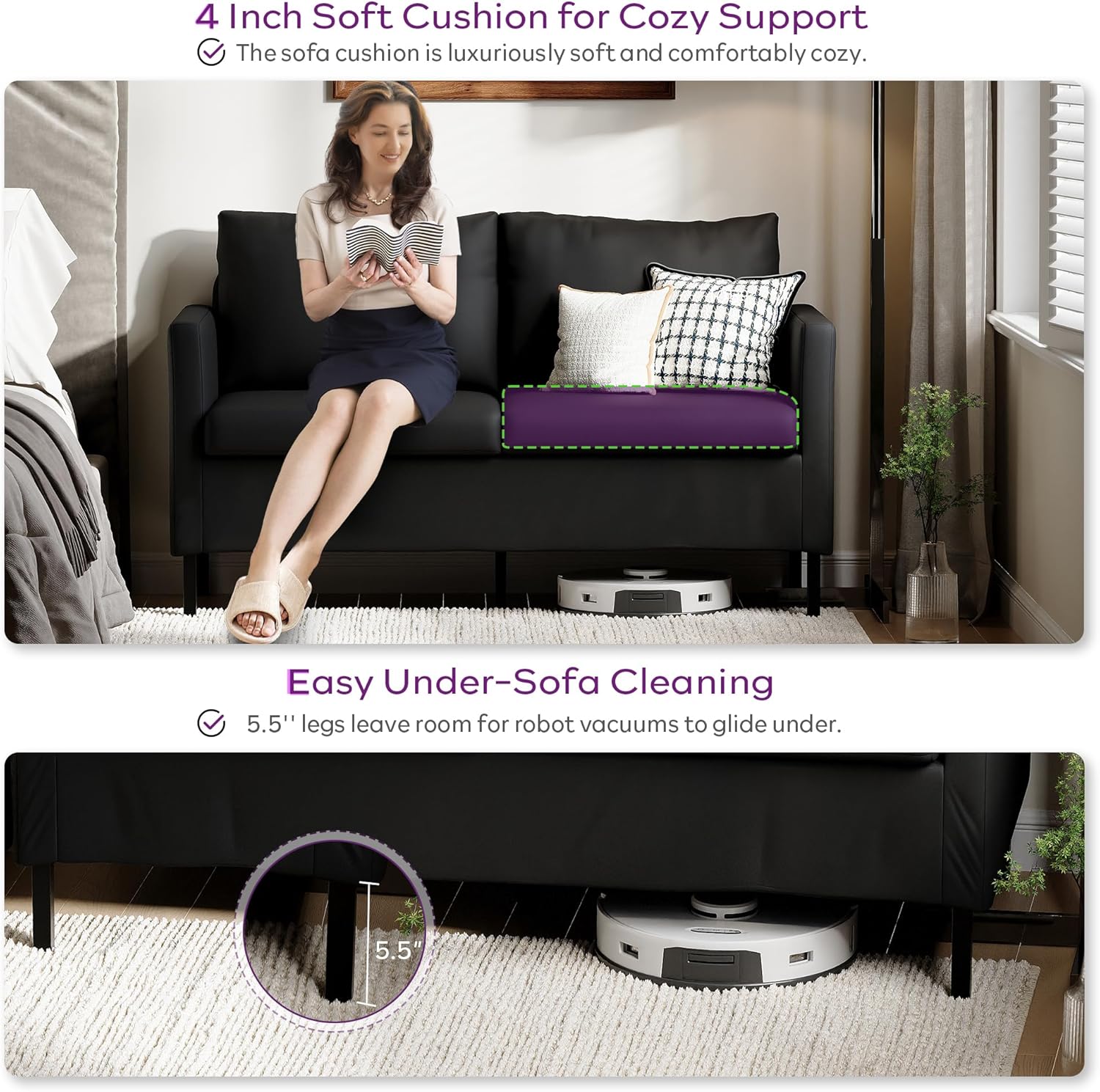 TYBOATLE Modern Faux Leather Small Couches for Small Spaces, Comfy Upholstered Black Love Seat for Bedroom, 2 Seater Mini Couch for Apartment, Dorm, Office