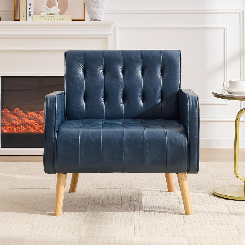 TYBOATLE Leather Accent Chair, Mid-Century Modern Living Room Chair with Pocket and Wooden Legs, Tufted Cozy Office Reading Chair, Armchair for Living Room, Waiting Room, Bedroom (Blue, 1)