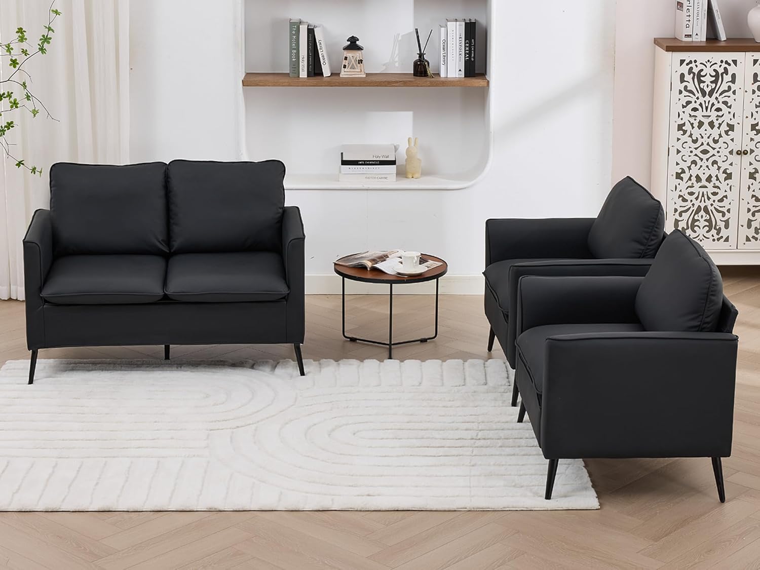 TYBOATLE Faux Leather Loveseat Sofa and Accent Chair Set of 2, Comfy Love Seat Couch and Chair Set, Mid-Century Modern 2 Seat Couches for Small Spaces, 3 Pieces Living Room Furniture Sets (Black, 3)