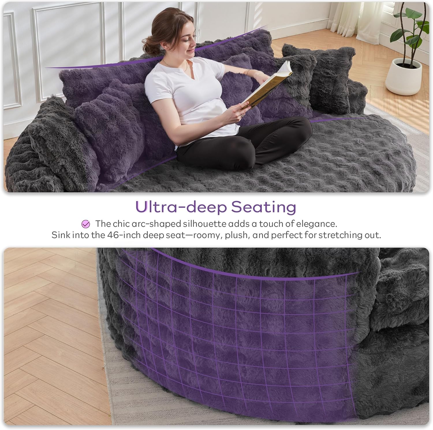 TYBOATLE 83’’ Oversized Round Boneless Couch w/Deep Seat, Round Memory Foam Couch, Comfy Fluffy Plush Bubble Sofa w/Double Cushion, Circle Bed for Livingroom, Bedroom (Grey)