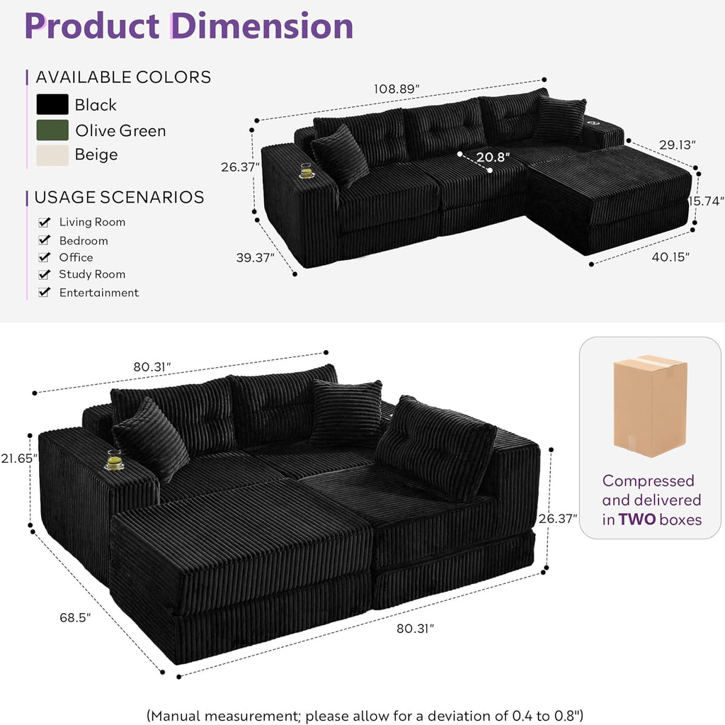 TYBOATLE Modular Sectional Couch, Corduroy Cloud Boneless Foam Sofa Couch with Deep Seats & Cup Holder, Modern Comfy Sleeper Sofa with L-Shape Chaise, No Assembly (Black, 3 Seat)