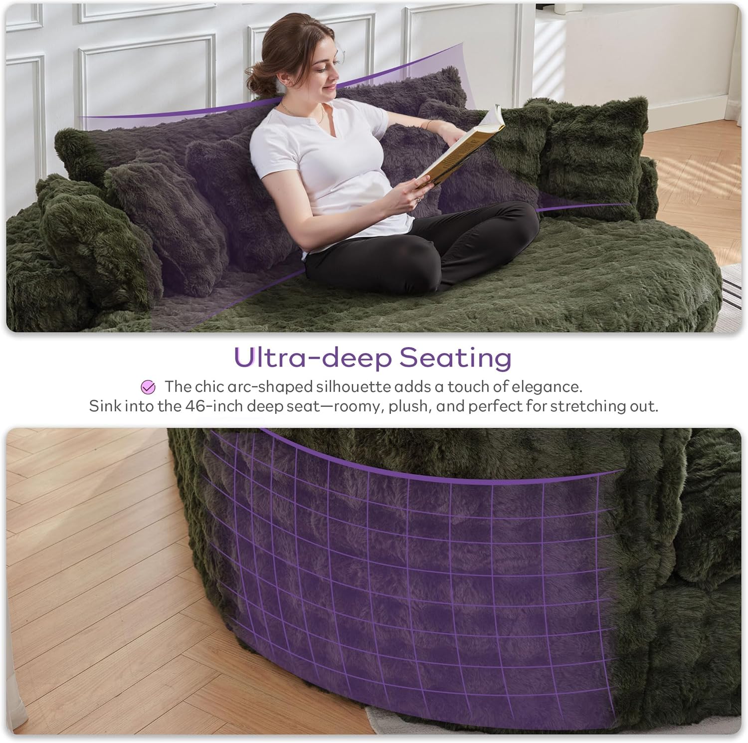 TYBOATLE 83’’ Oversized Round Boneless Couch w/Deep Seat, Round Memory Foam Couch, Comfy Fluffy Plush Bubble Sofa w/Double Cushion, Circle Bed for Livingroom, Bedroom (Green)