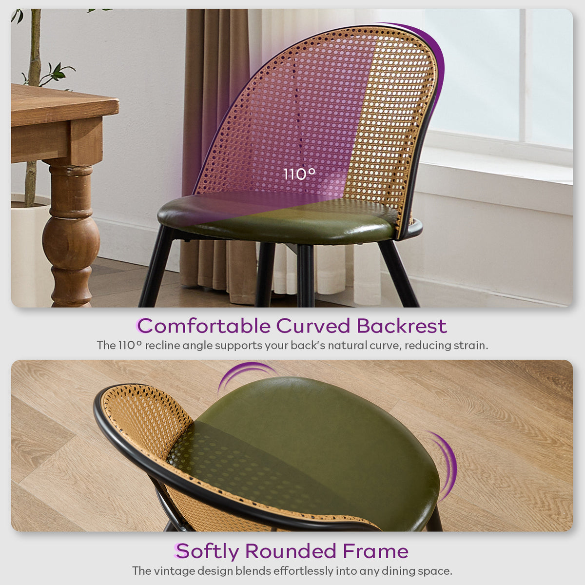 TYBOATLE Green Rattan Dining Chairs Set of 4, Dining Room Chairs for Kitchen