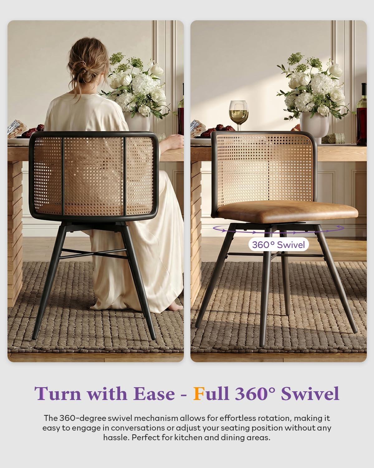 TYBOATLE Swivel Rattan Dining Chiars Set of 6, Farmhouse Boho Dining Room Chair with Rattan Woven Back and Faux Leather Seat, Upholstered Kithchen Chairs for Dining Table (Brown)